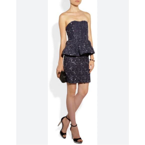 Alice + Olivia Mini Dress Blue Sequin Lace Strapless Peplum Pencil - Picture 1 of 10